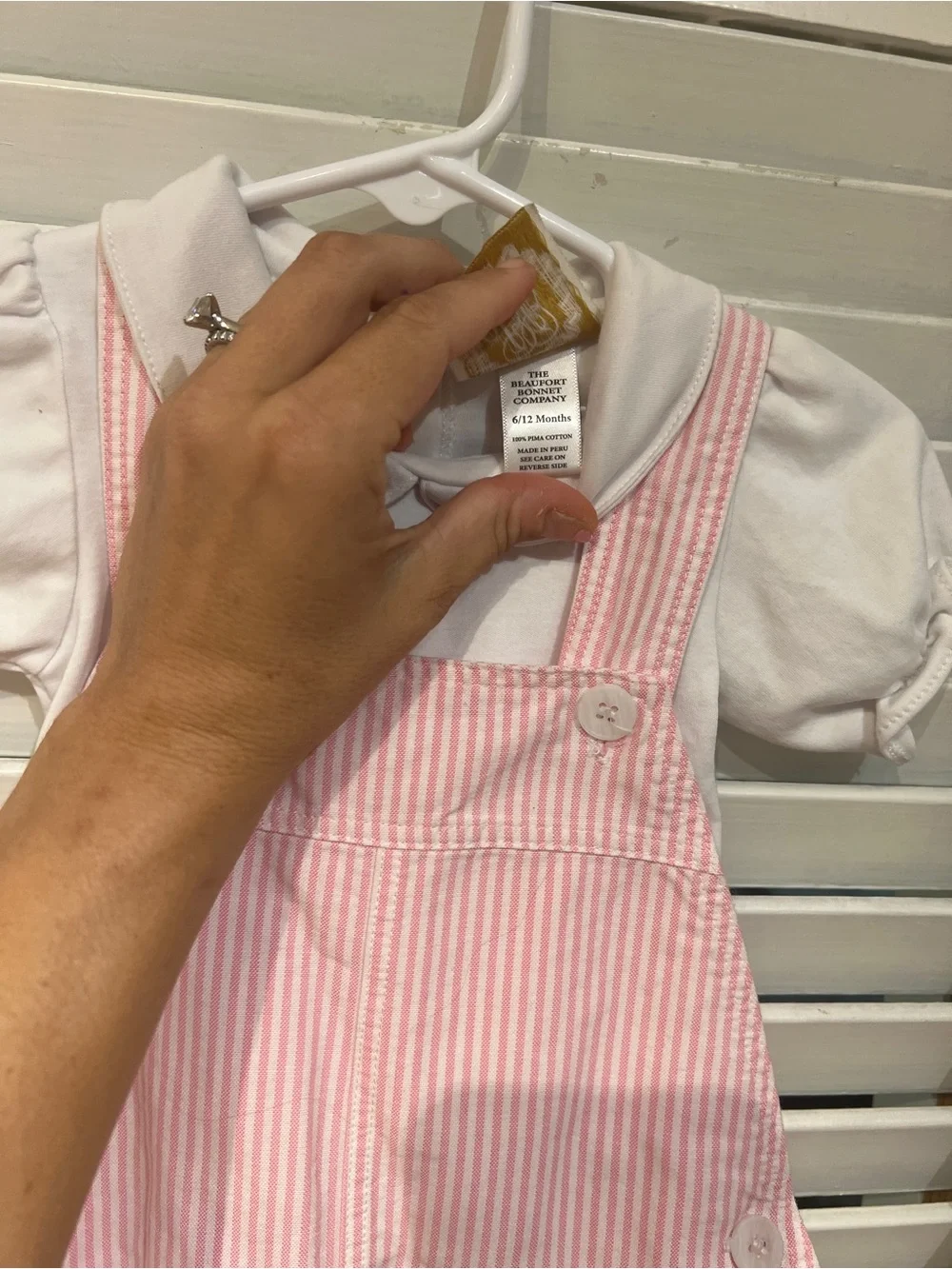 The Beaufort Bonnet Company Pink Striped Overalls with White Puff Sleeve Top